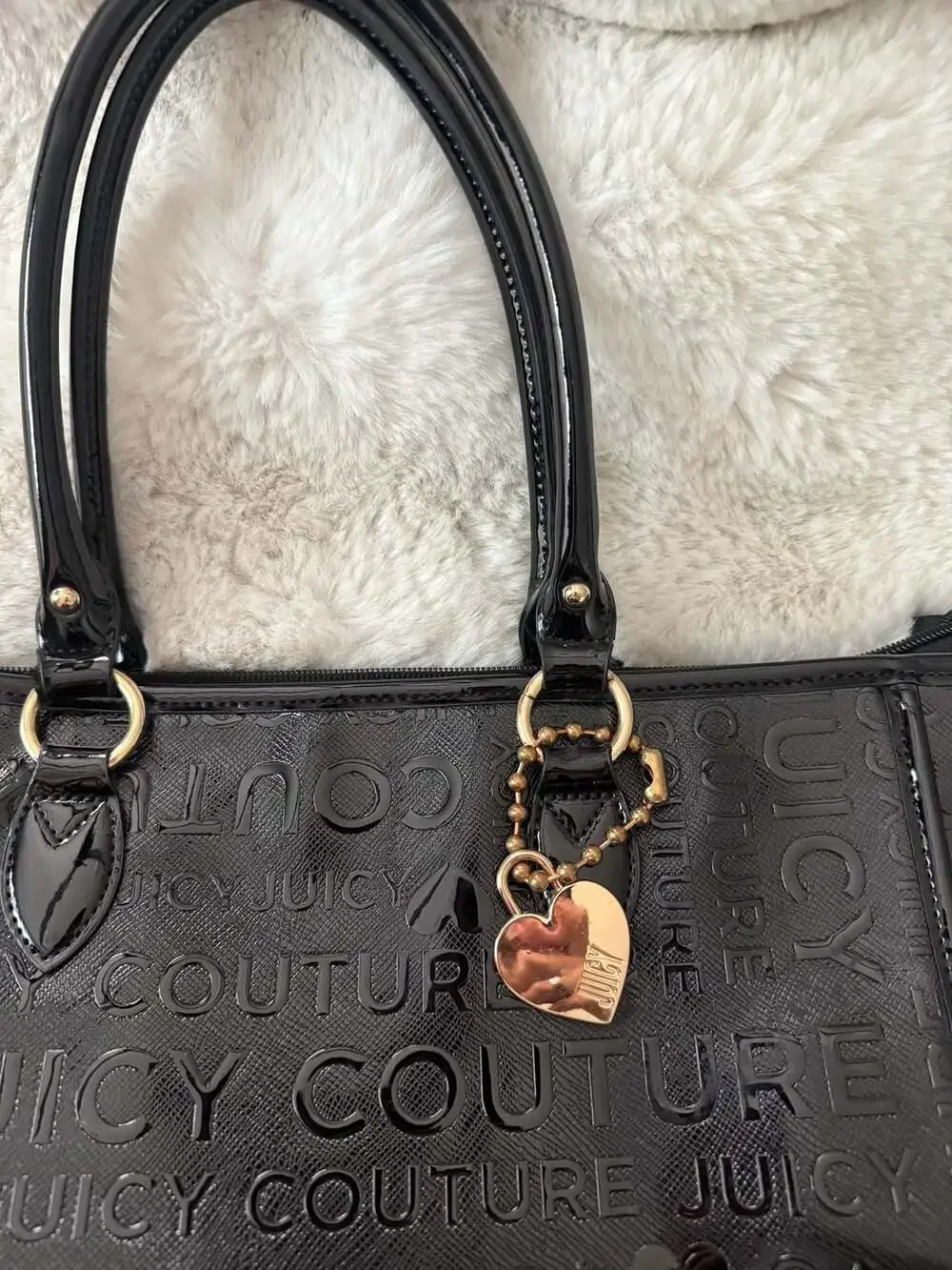 Y2K Juicy Couture Black Debossed Logo Satchel Handbag with Heart Lock Charm